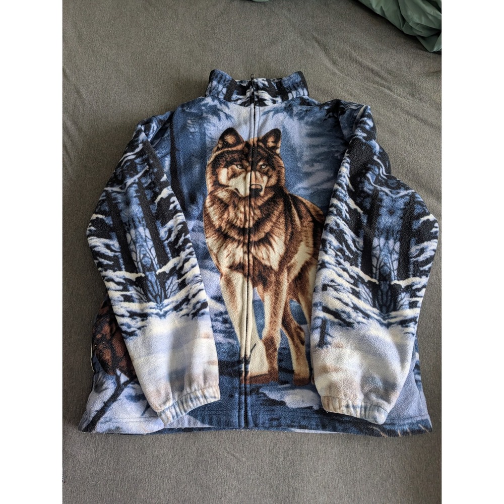 Vintage Trail Crest Wolf Fleece Jacket Mens XL Blue Full Zip All-Over Print